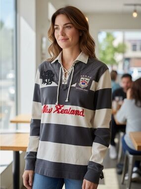 Ralph Lauren Gray and White Striped Rugby Polo New Zealand